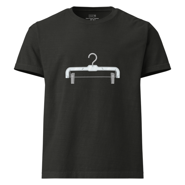 A minimalist simple line drawing of a plastic pants hanger with metal clips on an Oversize T-Shirt.