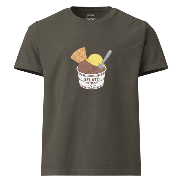 A cup of chocolate and lemon gelato with a waffle cookie and spoon rendered in clean paint brush lines on an Oversize T-Shirt.