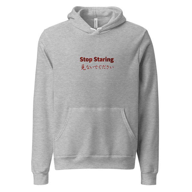 Deep red ink wash typography with the text Stop Staring and Japanese Kanji on a Pullover Hoodie.