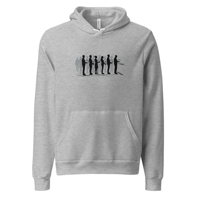 Minimalist graphic of figures in a line on a grey Pullover Hoodie.