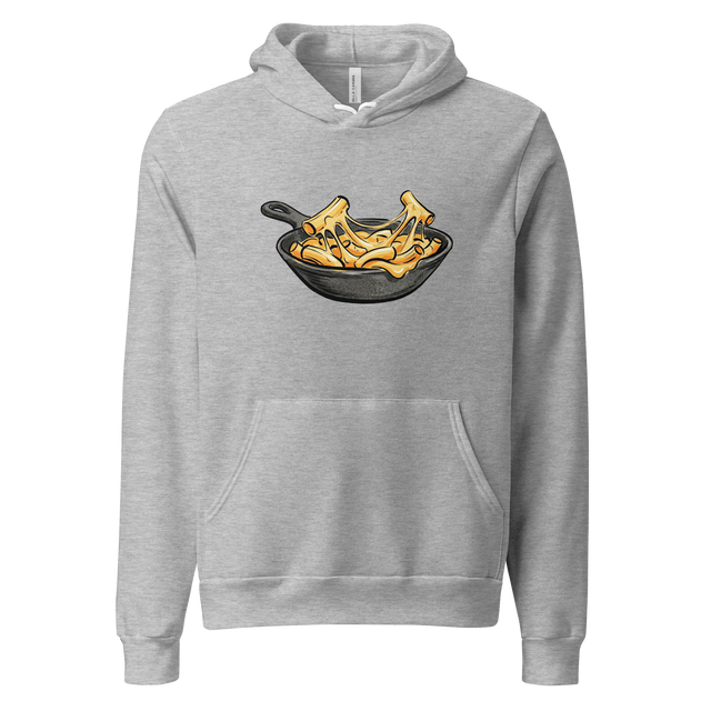 Minimalist brush pen illustration of gooey mac and cheese in a cast iron pan on a Pullover Hoodie.