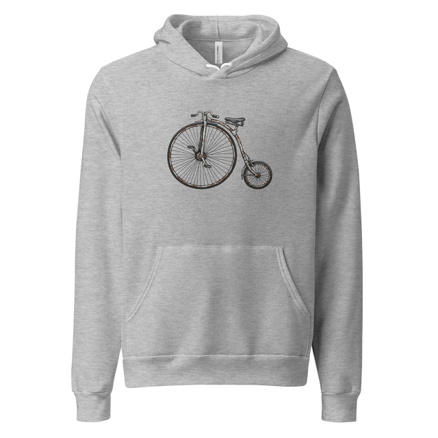 Minimalist line art illustration of a Penny Farthing high-wheel bicycle on a white Pullover Hoodie.