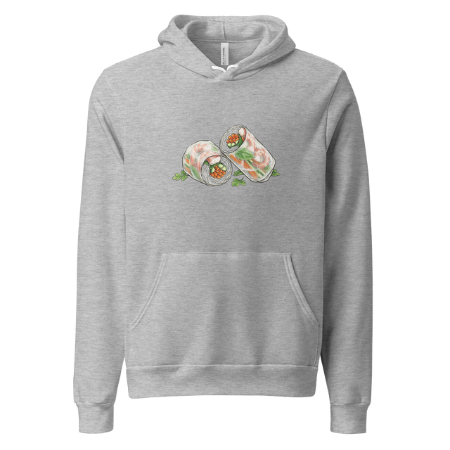 Minimalist line art illustration of a fresh spring roll with shrimp and vegetables, featured on a Pullover Hoodie.