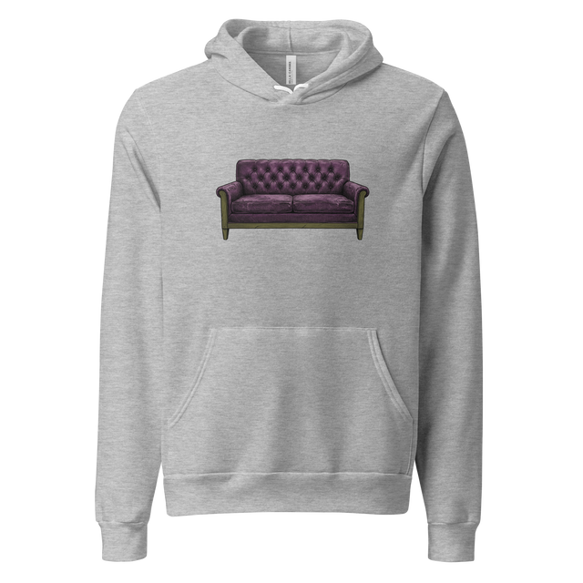 A graphic cross-hatch illustration of Grandma's vintage love seat on a Pullover Hoodie.