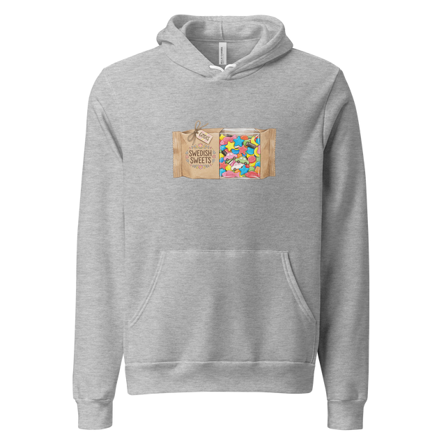 Hand-drawn color pencil illustration of a Swedish candy bag tagged Godis showing colorful candy on a Pullover Hoodie.