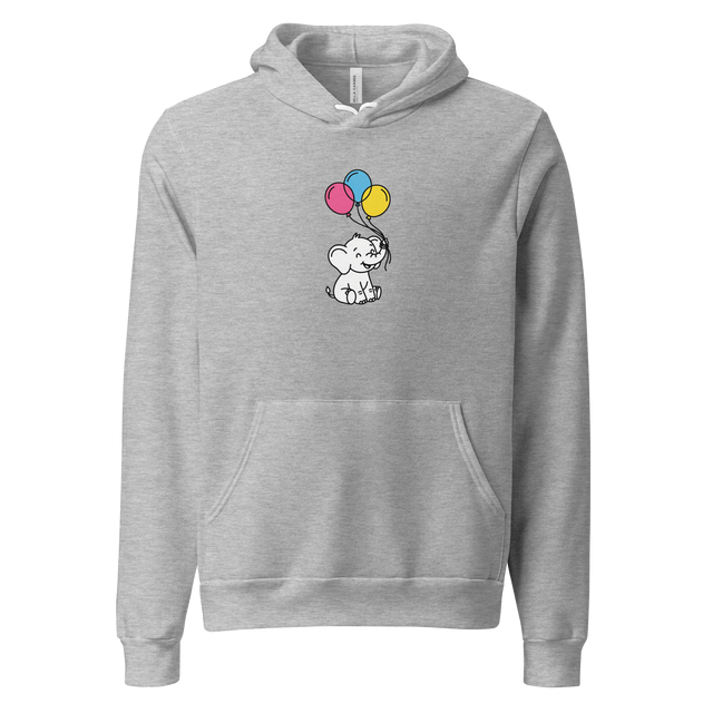 Minimalist pullover hoodie featuring pop art line illustration of an elephant lifted by pink, blue, and yellow balloons.