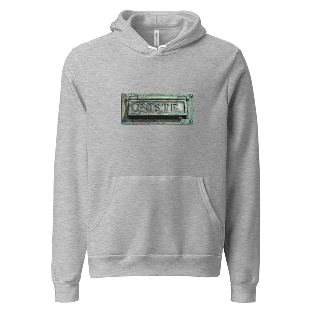 Vintage bronze POSTE mail slot with stippling effect on pullover hoodie.