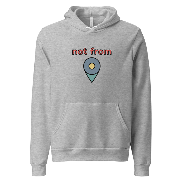 Minimalist pullover hoodie featuring a marker illustration of a digital map pin and red not from typography.