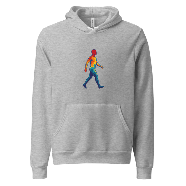 Pullover Hoodie featuring a vibrant thermal scan silhouette mapped in clean paint brush lines of red, yellow, and deep blue.