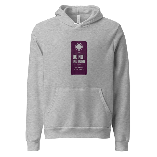 Pullover Hoodie featuring a deep purple minimalist hotel door hanger with silver stark typography and a clean die-cut hole.