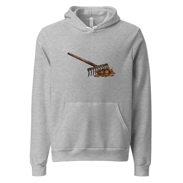 Cross-hatch ink and colored pencil illustration of a well-used rake and fall leaves on a Pullover Hoodie.