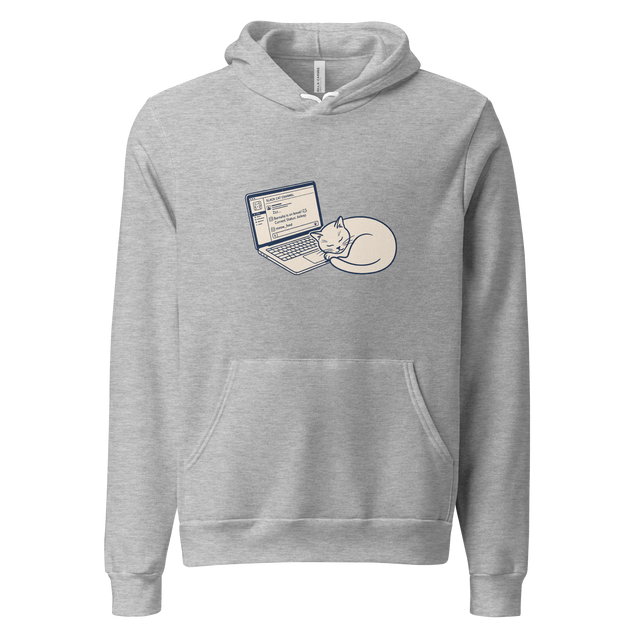 A simple line drawing of a cat sleeping next to a laptop on a pullover hoodie.