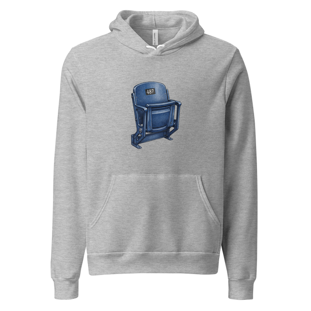 A hand-drawn color pencil illustration of an old school folded stadium seat printed on a Pullover Hoodie.