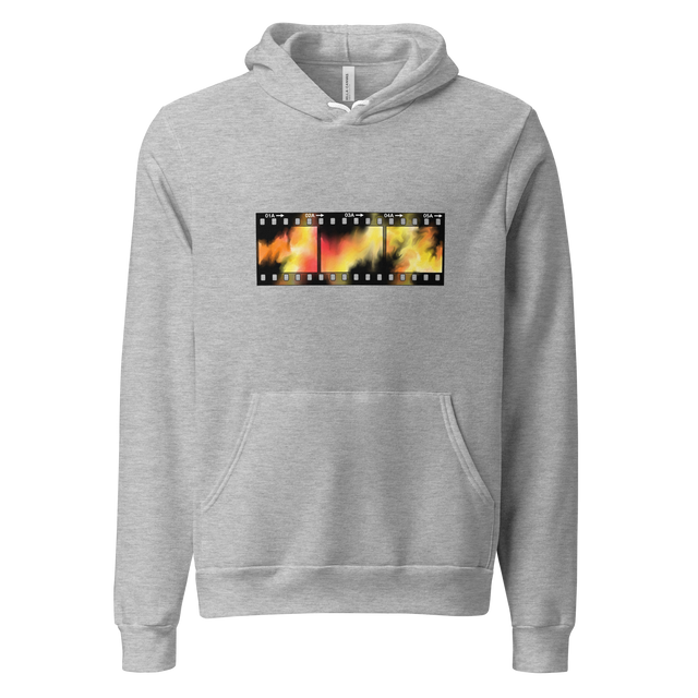 Film Burn graphic on Pullover Hoodie showcasing saturated marker bleeds.