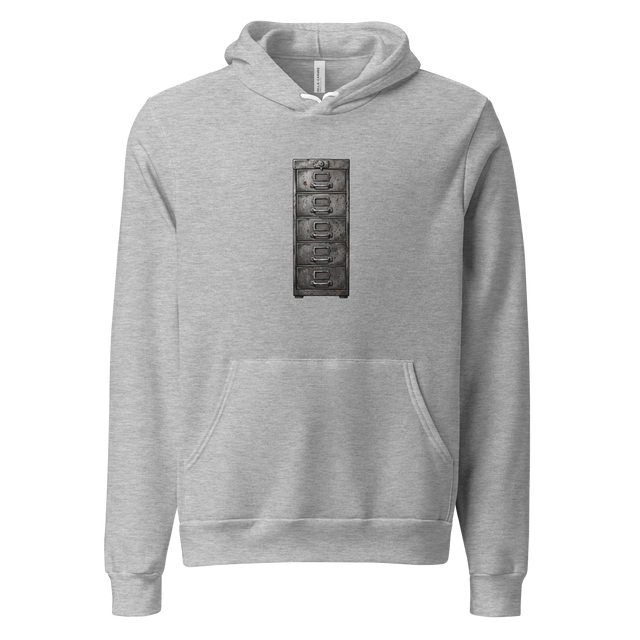 Cross-hatch ink illustration of a rusted vintage metal filing cabinet printed on a minimalist Pullover Hoodie.