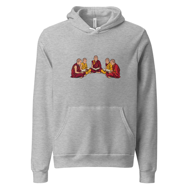 Pullover Hoodie featuring clean paint brush lines depicting seated young monks reading in flowing red and yellow robes.