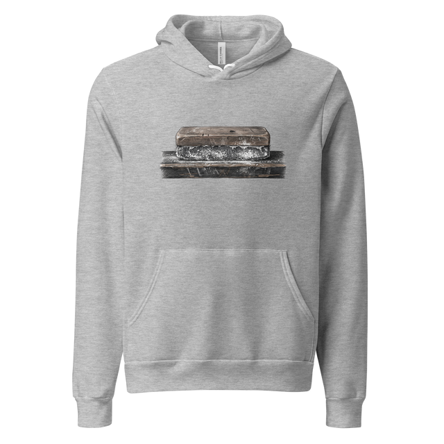 Pullover Hoodie displaying a textured colored pencil illustration of a dusty wooden chalkboard eraser on a rail.