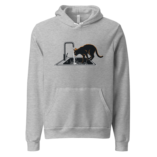 Graphic brush illustration of a cat silhouette drinking from a running sink with slight orange highlights on a Pullover Hoodie.