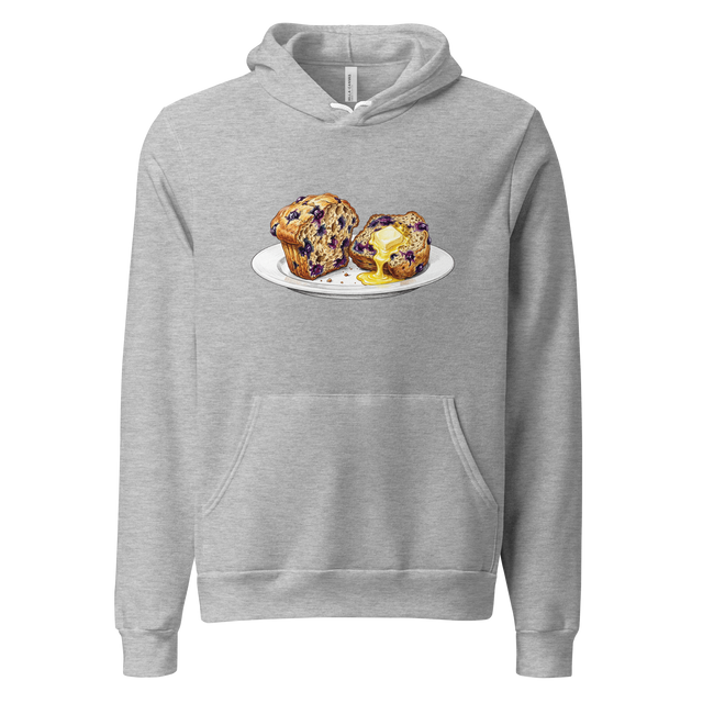Pullover Hoodie with a full color illustration of a split blueberry muffin and melting butter on a plate.