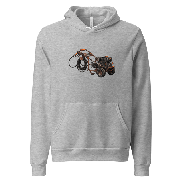 Cross-hatch ink drawing of a worn pressure washer with rust and orange details printed on a Pullover Hoodie.