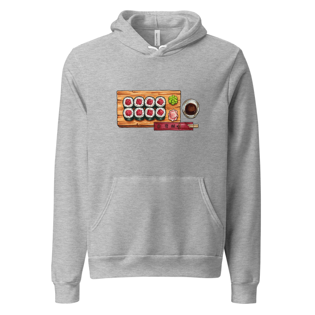 Marker illustration of a tuna roll on a wooden plank with wasabi, a soy dish, and chopsticks on a Pullover Hoodie.