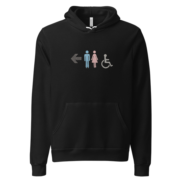 Pullover Hoodie featuring a minimalist hand-drawn illustration of gendered icons and a wheelchair symbol in soft colors.