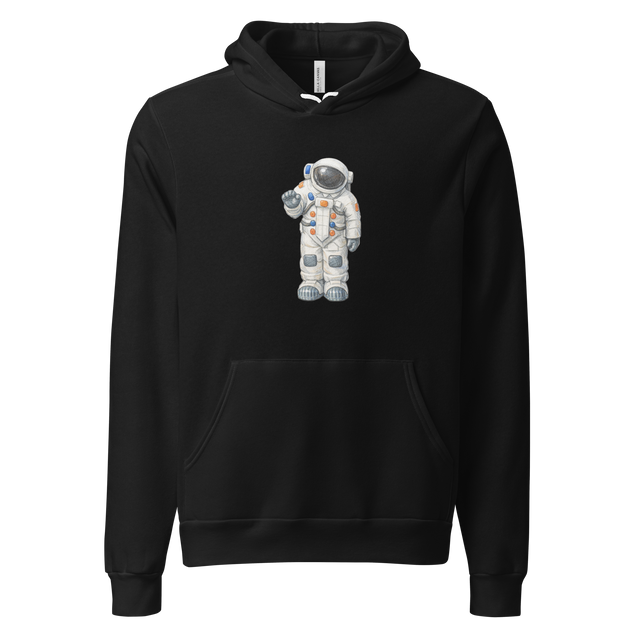 Detailed hand-drawn astronaut suit illustration on a black Pullover Hoodie.