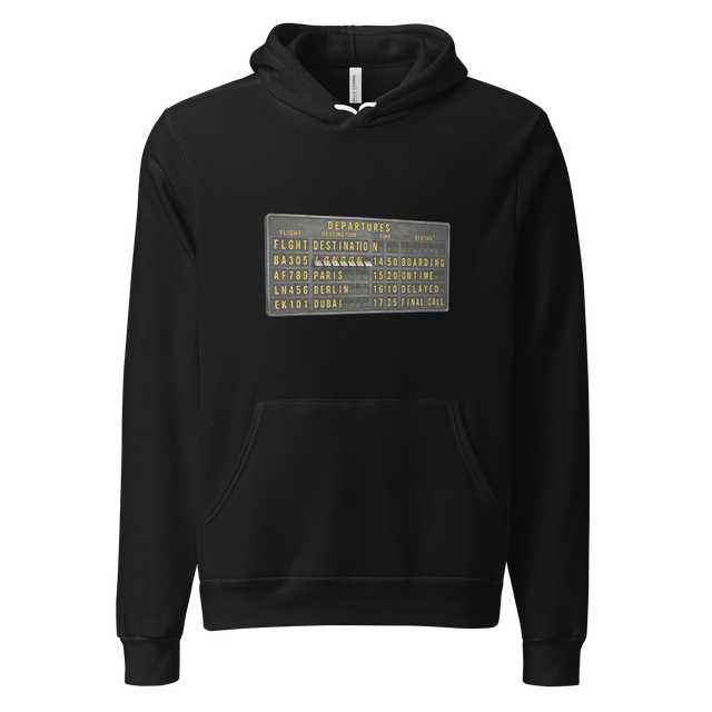 Clean vector art of a split-flap display showing changing characters, Pullover Hoodie.