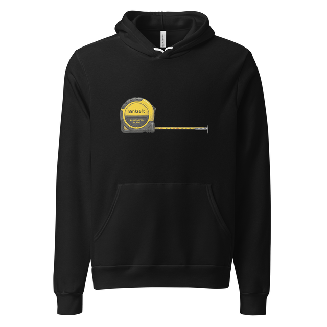 Detailed cross-hatch tape measure illustration with yellow and red accents on a Pullover Hoodie.