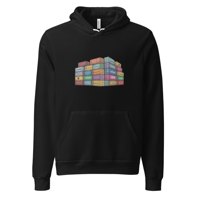 Cross-hatch colored pencil graphic of stacked shipping containers on a pullover hoodie.