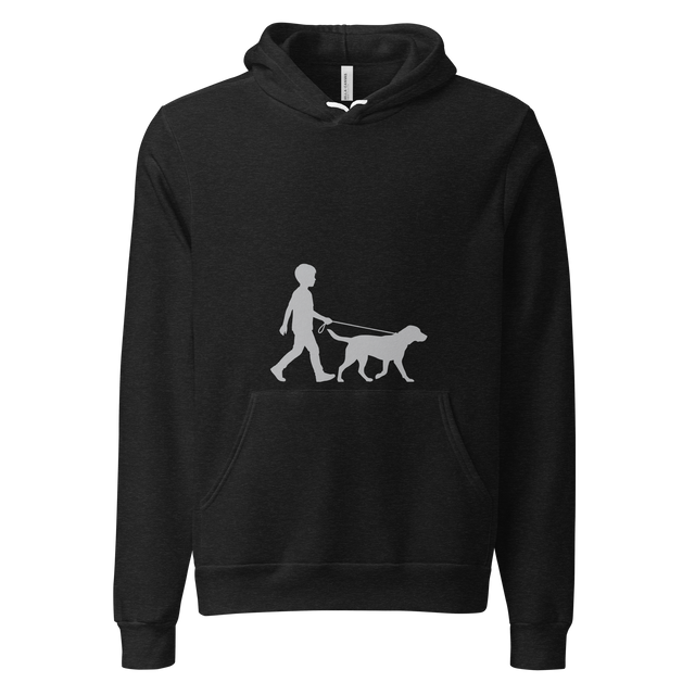 Minimalist solid grey silhouette design of a boy and his dog out for a walk, printed on a Pullover Hoodie.