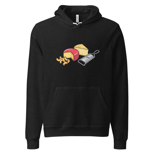 A detailed marker illustration of macaroni, red-waxed Gouda cheese, yellow cheese, and a shredder on a Pullover Hoodie.