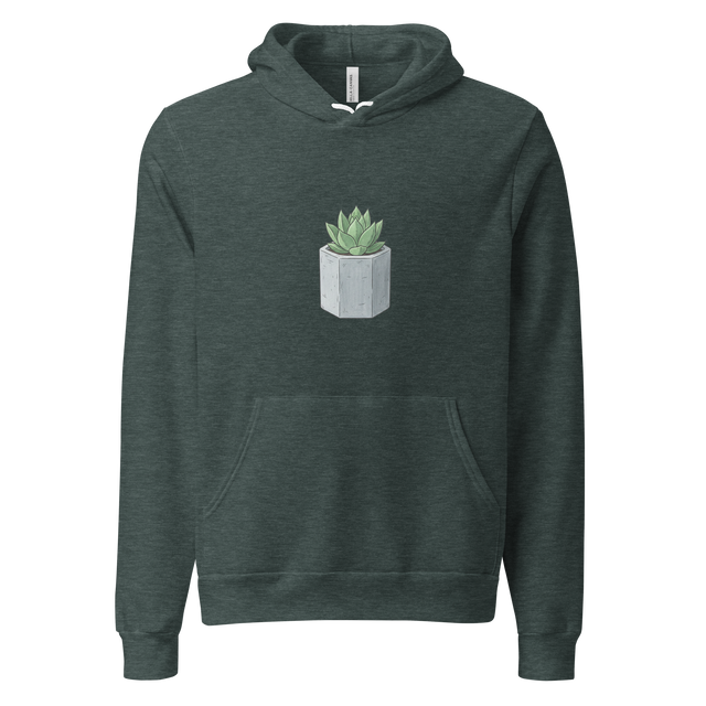 Minimalist line drawing of a small succulent in a concrete vase on a Pullover Hoodie.
