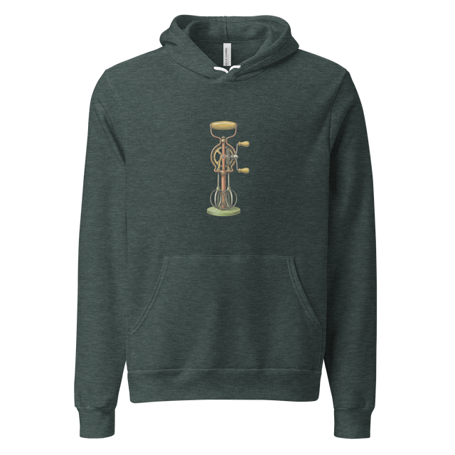 Artistic cross-hatch colored pencil rendering of a vintage manual mixer in muted tones on a Pullover Hoodie.