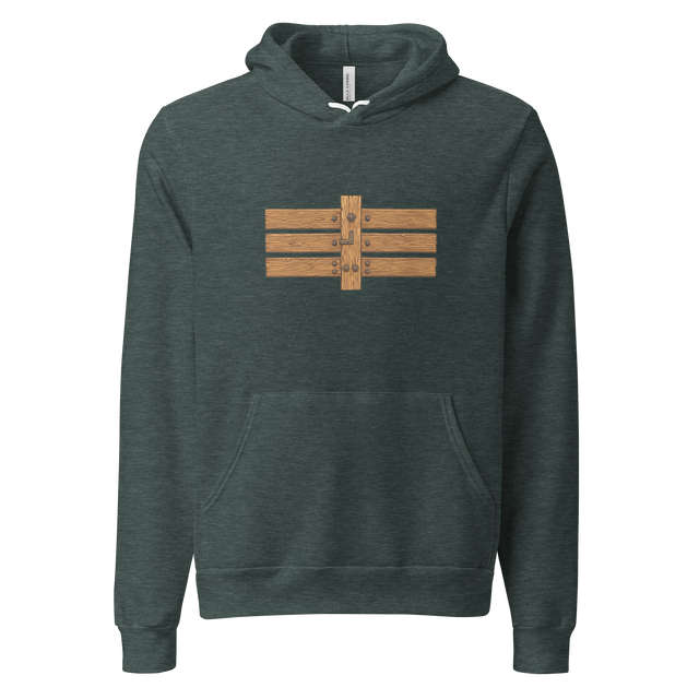 A close up woodcut graphic of horizontal wooden fence joints on a Unisex Pullover Hoodie.
