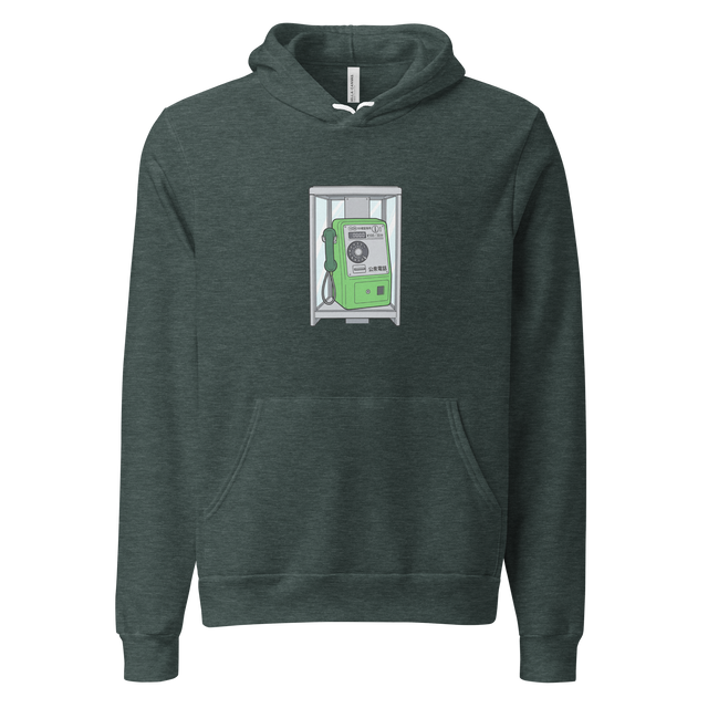 Graphic marker illustration of a classic green Japanese public telephone on a pullover hoodie.