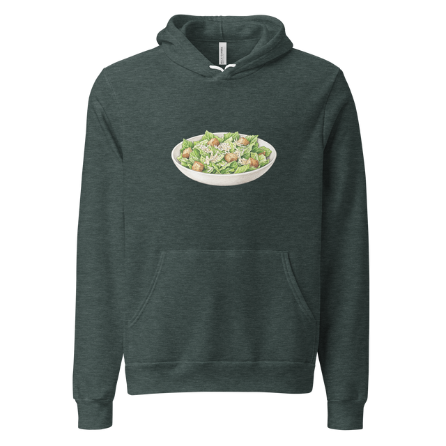 Pullover Hoodie featuring a colored pencil drawing of a classic Caesar salad in a white bowl with grated Parmesan and croutons.