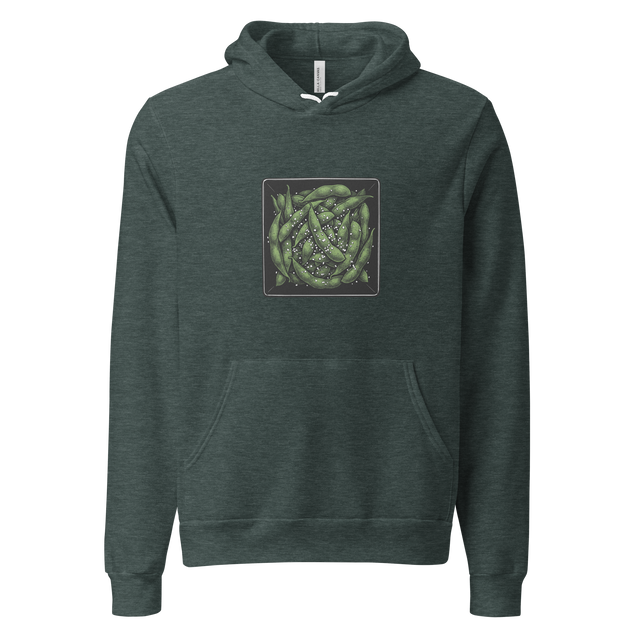 An ink illustration featuring green edamame and white salt in a square black bowl from a top-down view, printed on a Pullover Hoodie.