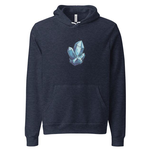 Detailed blue quartz crystal graphic with ink wash textures on a pullover hoodie.