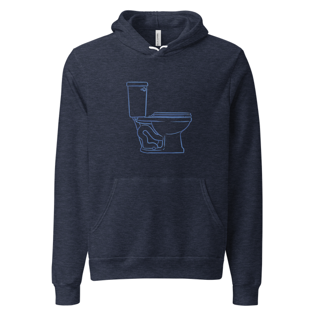Side profile illustration of a toilet drawn with clean blue brush lines on a minimalist pullover hoodie.