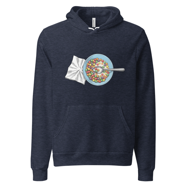 Pullover Hoodie with a top-down cross-hatch illustration of a colorful cereal bowl and crumpled napkin.