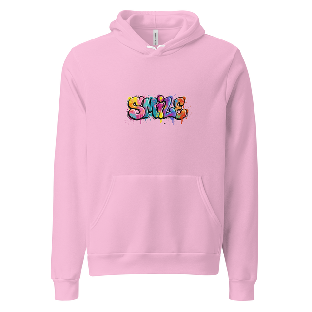 A minimalist pullover hoodie featuring a graffiti-style smile illustration with bold, expressive lines.
