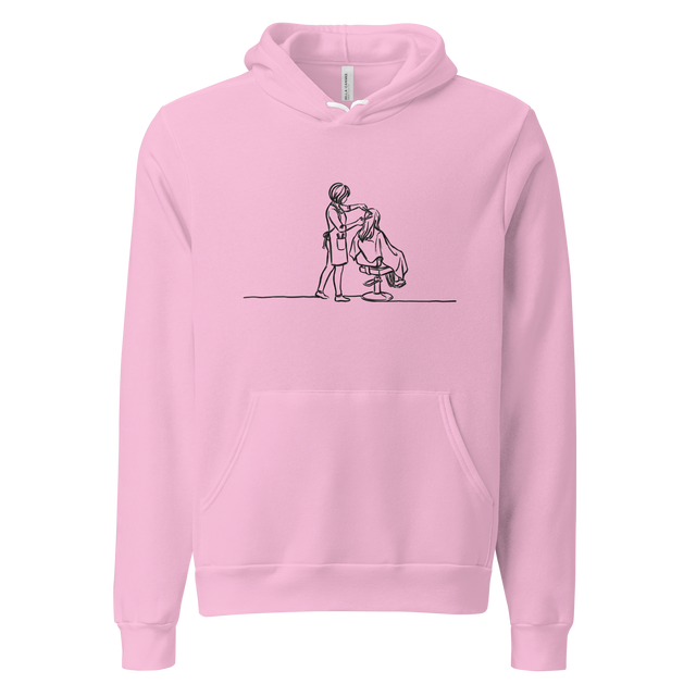 Minimalist black line drawing of a hairdresser and patron silhouette on a Pullover Hoodie.