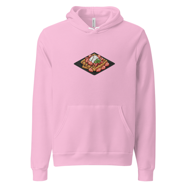 A bold brush pen graphic of golden brown waffles on a black plate with strawberries and whipped cream on a pullover hoodie.