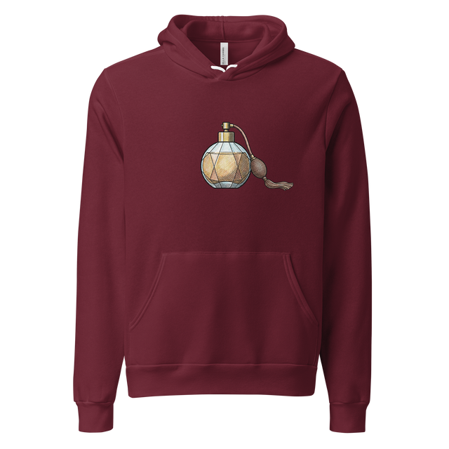 Minimalist line drawing of a vintage perfume bottle with an atomizer pump on a white Pullover Hoodie.
