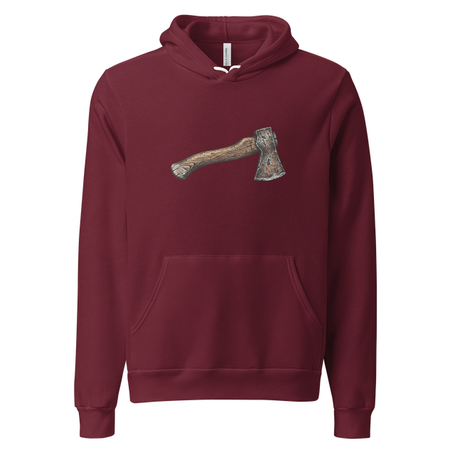 A bold cross-hatch graphic of a rustic hatchet centered on a Pullover Hoodie.