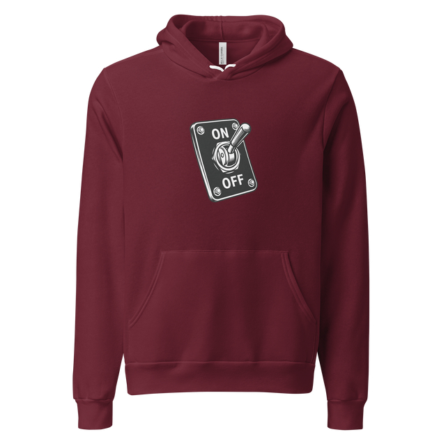 A black and white graphic of an ON/OFF switch printed on a flat Pullover Hoodie.