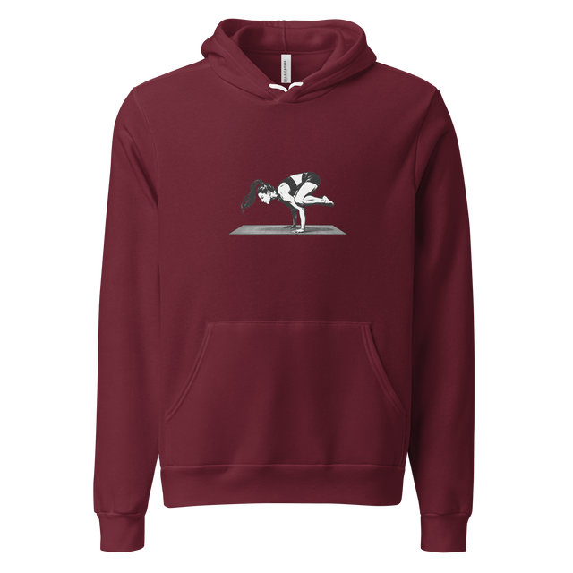 Minimalist brush pen silhouette of a female in crow pose printed on a Pullover Hoodie.