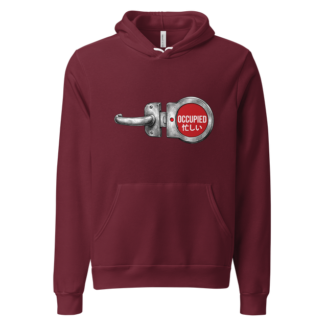 Pullover Hoodie featuring a cross-hatch ink drawing of a sliding door lock with a solid red occupied indicator and Japanese text.