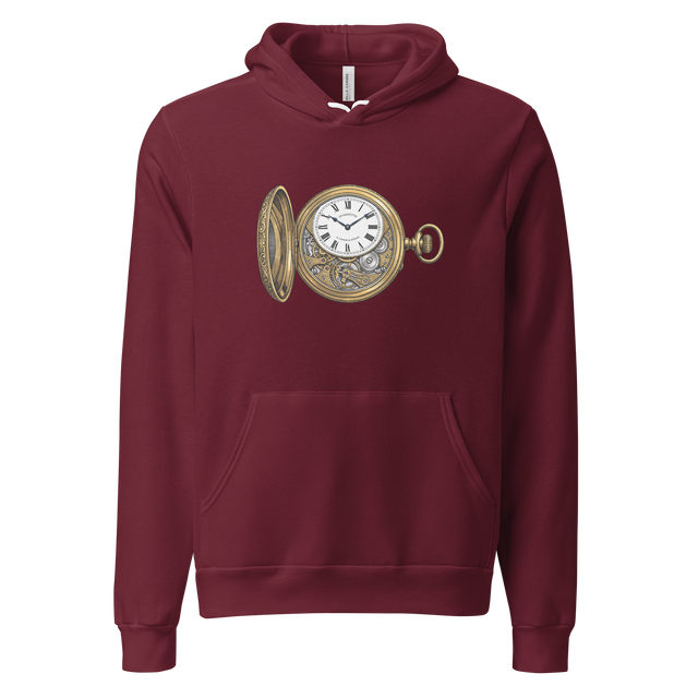 Sharp line drawing of a pocket watch with a white dial and metallic casing. Pullover Hoodie.